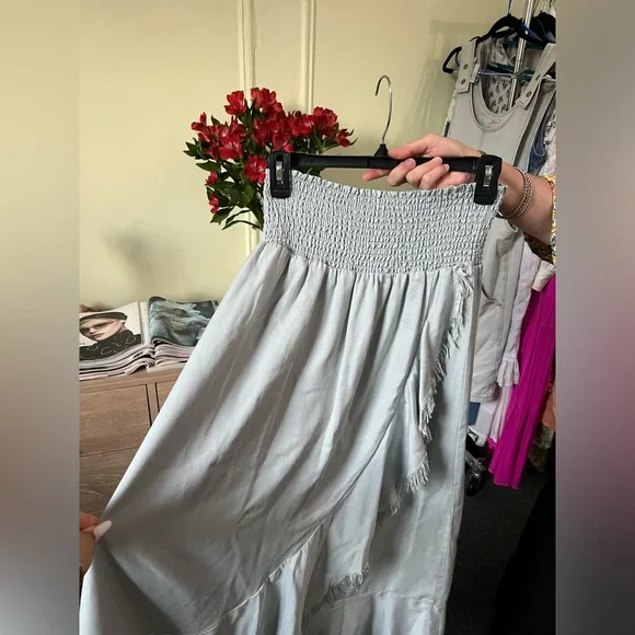 Pastel Baby Blue High Waisted Stretch Midi Maxi Ruffle Frayed Hem Modest Skirt L - Picture 9 of 16